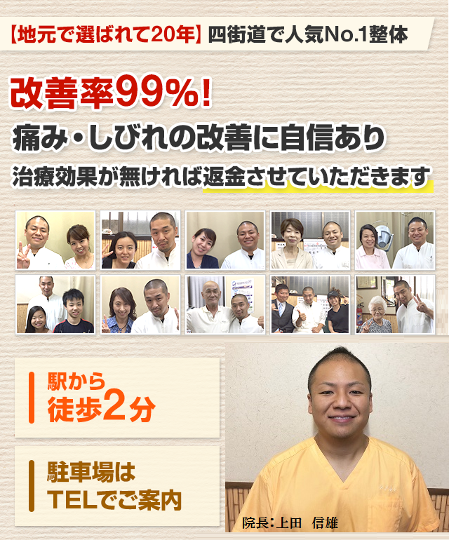 四街道で選ばれて２０年　四街道人気No,1整体　症状改善率99％　痛みの改善に自信があります　効果が無ければ返金保証